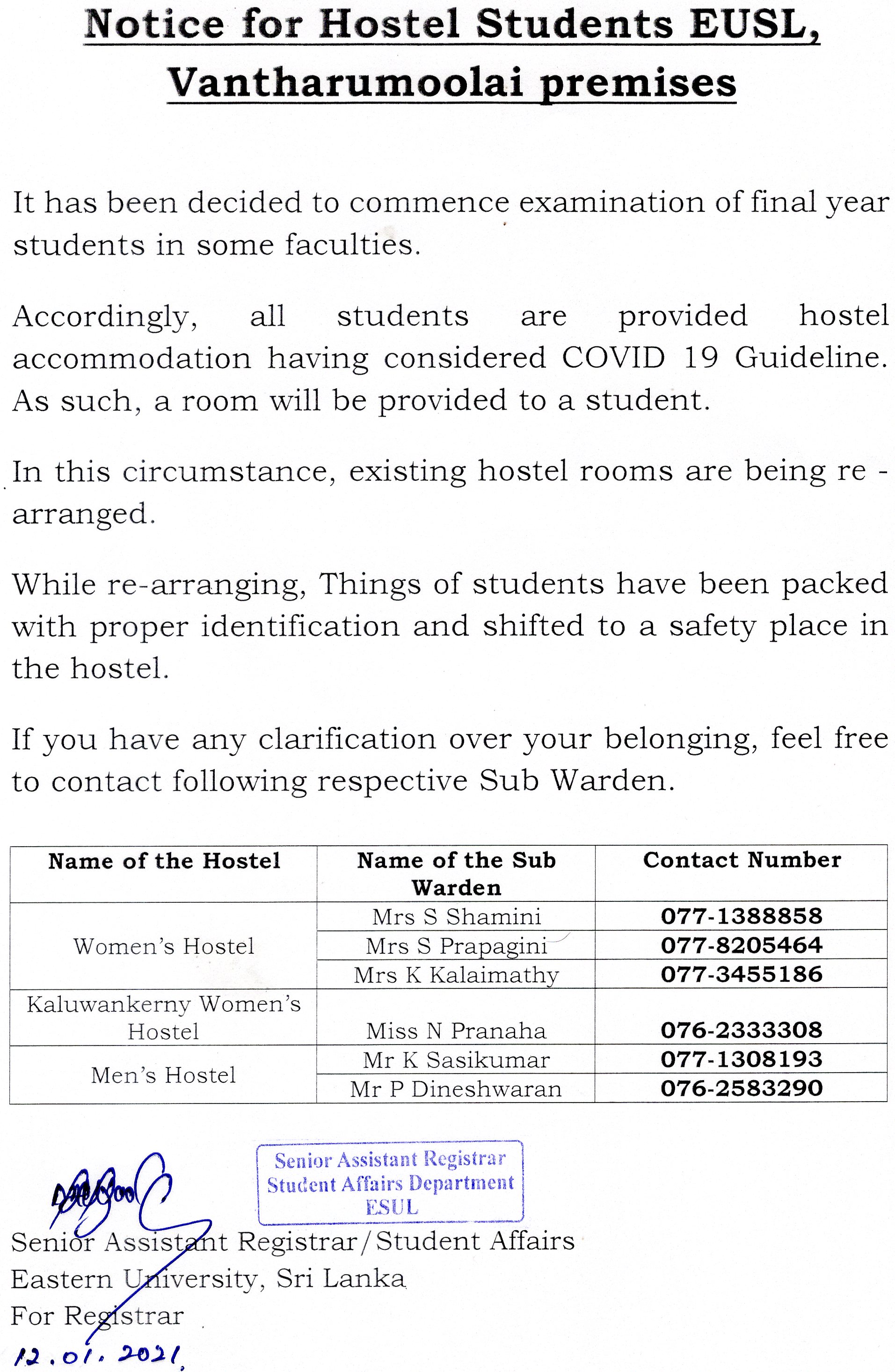 Notice for hostel students